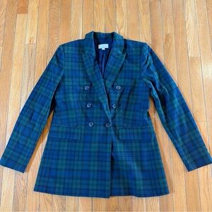 Ann Taylor Loft Double Breasted Plaid Navy Blue & Green Suit Blazer Jacket Sz 4
